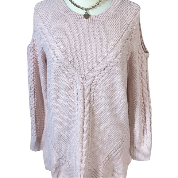 a.n.a Cold Shoulder Tunic Blush Pink Cable Knit Cozy High Low Sweater XXL - Picture 2 of 8